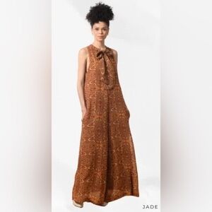 Ollari New York Jade Jumpsuit Brown Paisley Tie Neck Wide Leg - Medium